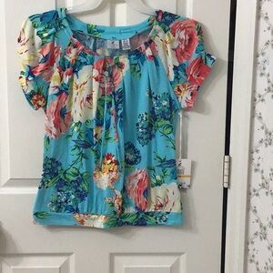 Caribbean Joe bright turquoise Sz Sm Petite blouse w/ banded bottom.
